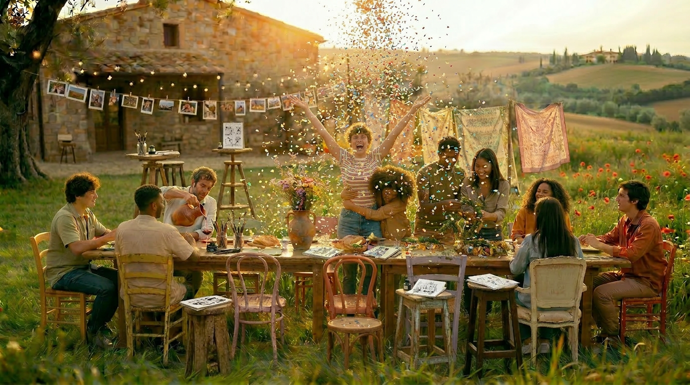 Gruppo di persone diverse in un prato fiorito umbro che brindano con birre artigianali e costruiscono un'installazione con elementi naturali